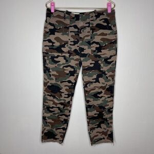 Nili Lotan Jenna Pant Green Camo Cotton Size 8 mid rise straight leg raw hem
